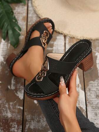 1 Pair Women's Summer Casual Open-Toe High Heel Sandals - Hollow Metal Buckle Chunky Heel Slides - Beach Roman Shoes - Lightweight Breathable Comfortable