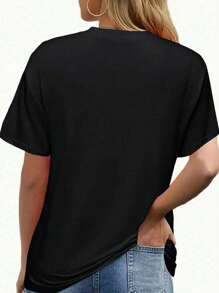 Deer Horns Skull Pattern Letter Logo Design T-Shirt For Women, Women's 220g Casual Round Neck Heavy Pure Cotton T-Shirt (1 PC) - 黑色 - 查看 2