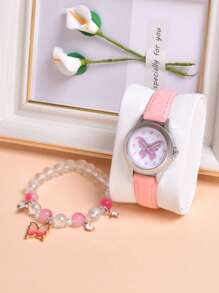 Set de 2 piezas: 1 reloj de cuarzo con diseño de mariposa de dibujos animados para niña, 1 brazalete de mariposa con cuentas, con correa de PU