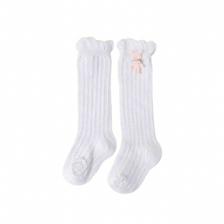 Calcetines largos hasta la rodilla para niña, suaves y transpirables, con diseño de oso de verano para niños pequeños. - Blanco - Ver 1