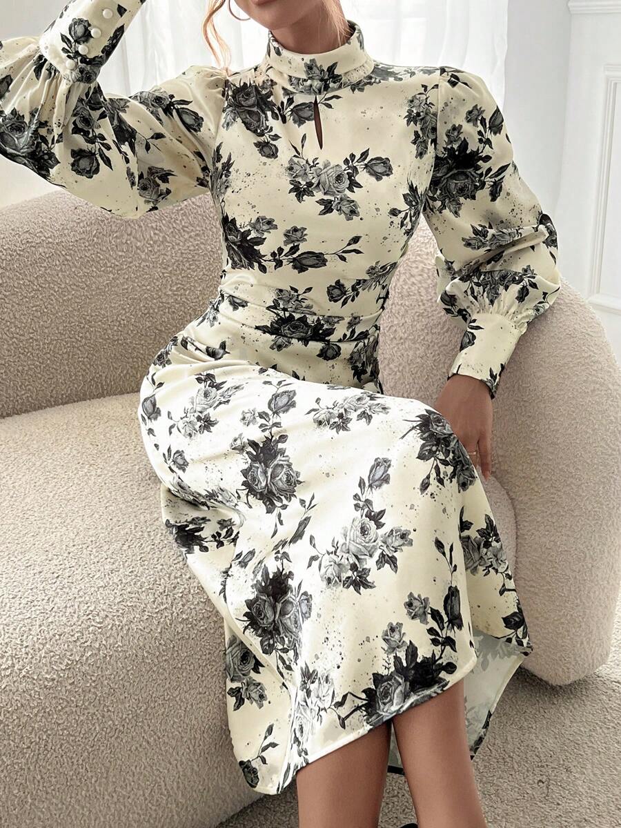 Women's Elegant Casual Ink Painting Print Long Dress, Lantern Sleeve/Small Stand Collar/Bodycon, Spring/Autumn - Color - View 1