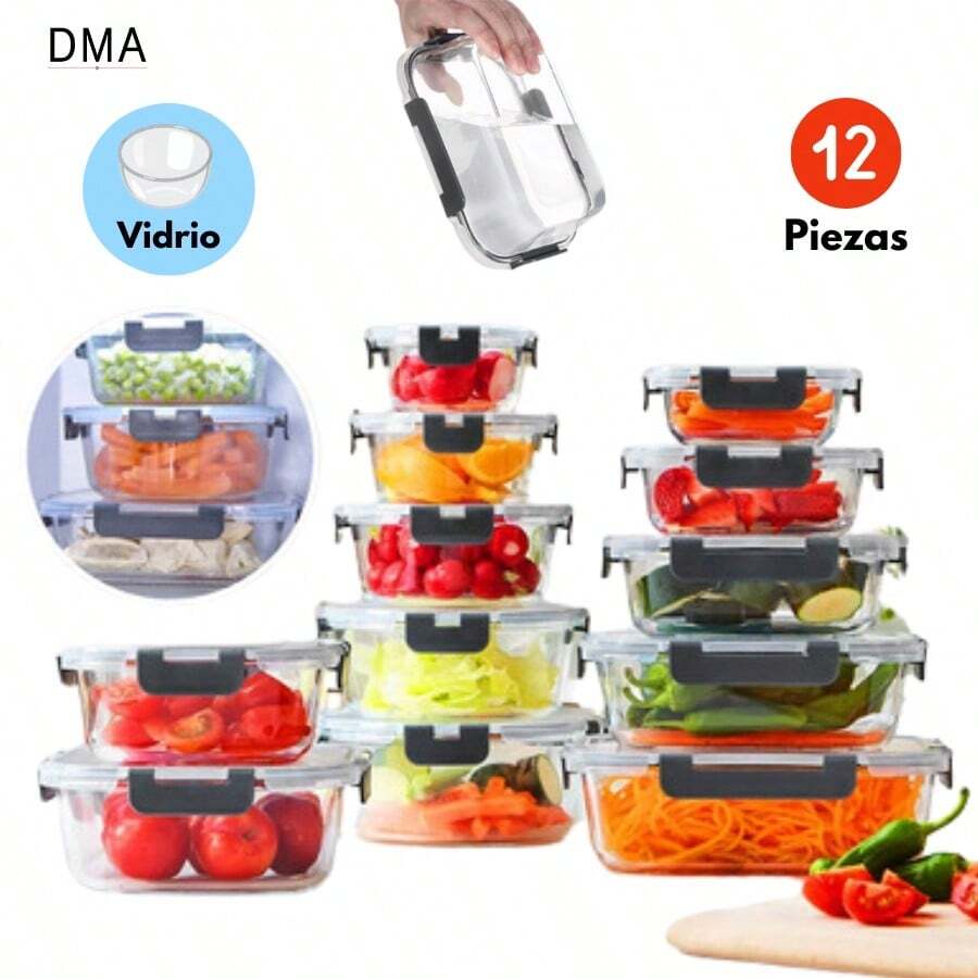 Recipientes tipo Tupper Herméticos De Vidrio, Almacenamiento para Cocina 12 Pz Color Transparente - Blanco - Ver 1