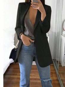 Blazer ligero con solapa de color sólido para mujer,Cardigan Manga Larga Tipo Slim Business Style. - Negro - Ver 1