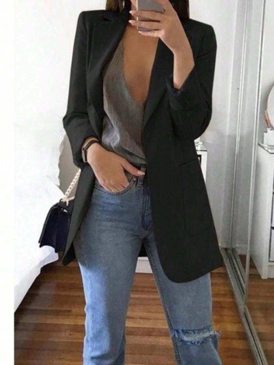 Blazer ligero con solapa de color sólido para mujer,Cardigan Manga Larga Tipo Slim Business Style. - Negro - Ver 1