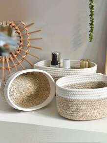 1pc Oval Storage Basket, Rope Woven Basket, Home White And Mixed Color Handmade Basket, Kitchen, Bathroom, Miscellaneous Items, Snack Basket, Home Organization And Storage Supplies For Kitchen Bathroom Bedroom Living Room Dorm Office Desk, Home Decor