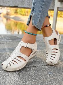 European & American Style Women Sports Sandals, Hollow Mid Heel Wedge Platform Hook And Loop Roman Shoes, Fashionable