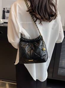 Bolso de hombro mini casual de negocios, liviano, con decoración de metal negro, acolchado y con cremallera, de piel sintética (PU), perfecto para la oficina, el trabajo, los negocios, el trayecto, para mujeres, estudiantes universitarias, principiantes y trabajadores de cuello blanco.