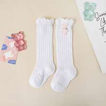 Calcetines largos hasta la rodilla para niña, suaves y transpirables, con diseño de oso de verano para niños pequeños. - Blanco - Ver 3