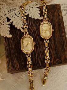 1pc nieuwe aankomst gouden armband quartz horloge, vintage luxe metalen ketting ingelegd ontwerp, INS elegante minimalistische stijl, veelzijdig voor dagelijks gebruik, feest, cadeau voor verjaardag, Valentijnsdag