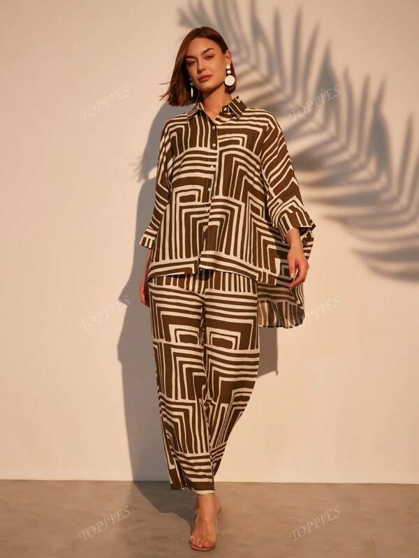 Green Geometric Pattern Oversized Matching Sets Women Longewear For Travel