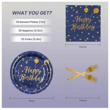 75-Piece Dark Blue & Gold Dot Birthday Tableware Set Includes 7" Plates, 6.5" Napkins & 6.3" Forks, Disposable Party Supplies For 25 Guests - 藍金 - 查看 2