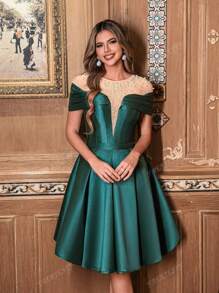 Faeriesty Vestido de malla y satén midi con adornos de perlas falsas para fiestas y eventos de cóctel, elegante atuendo formal de noche, vestido de invitada de boda