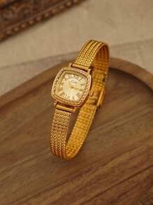 1 pieza Nuevo reloj de cuarzo de lujo y estilo retro para mujer, correa trenzada de acero inoxidable, esfera rectangular grabada con números romanos, adecuado para uso diario, diseño minimalista, elegante y artístico, excelente regalo para cumpleaños o San Valentín