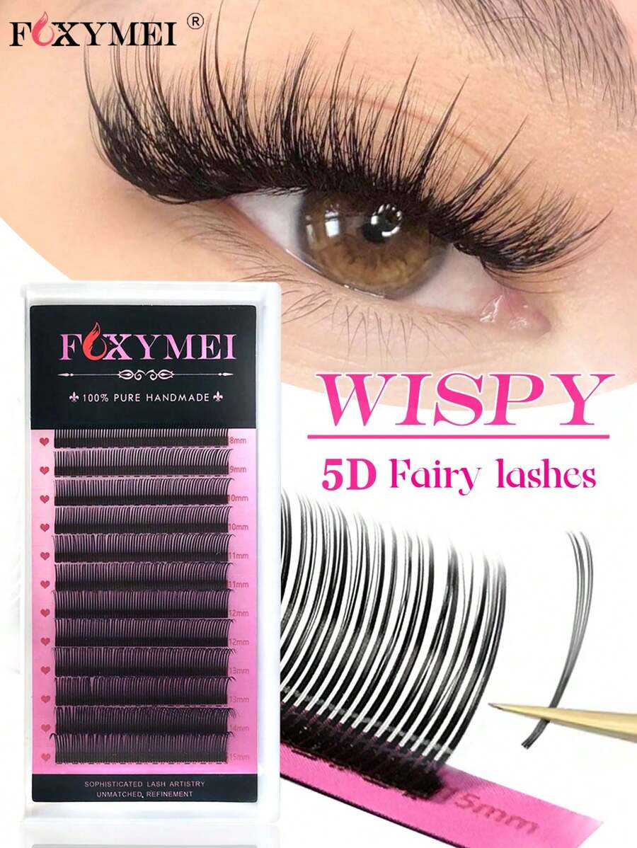 FOXYMEI 12 filas de pestañas postizas florales de estilo 5D Hada, rizado C/D con estilo mixto puntudo, de 8-15mm con forma de abanico esponjoso y grueso, ligero y suave, lashes individuales de 0.07mm fáciles de aplicar, grupos de pestañas, pestañas postizas