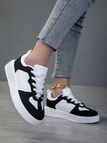 Women's Casual Shoes, Fashion Sneakers, Street Style Low-Top White Shoes, Lightweight Skateboard Shoes - Black and White - View 5