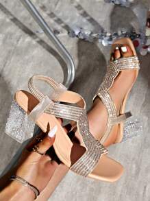 Sandalias de tacón alto con detalles de strass, de tacón ancho y punta abierta, con diseño de banda elástica simple, elegantes, adecuadas para vestidos, fiestas y vacaciones