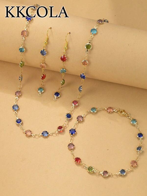 KKCOLA 4 pièces/Set de bijoux en cristal colorés incluant un collier, un bracelet et des boucles d'oreilles. Accessoires mode, cadeau pour anniversaire, fête, festival, Saint-Valentin, mère, port quotidien (couleur du cristal aléatoire), mère, mère, fête des mères, cadeau