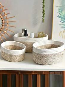 1pc Oval Storage Basket, Rope Woven Basket, Home White And Mixed Color Handmade Basket, Kitchen, Bathroom, Miscellaneous Items, Snack Basket, Home Organization And Storage Supplies For Kitchen Bathroom Bedroom Living Room Dorm Office Desk, Home Decor