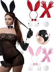 7pcs Women Rabbit Costume Set, Includes Rabbit Ears Headband, Collar, Bowtie, Cuff, And Tail Gloves, Suitable For Easter Party - 7PCS - View 1