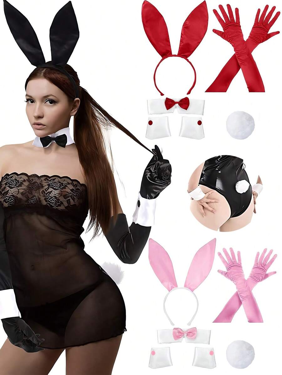 7pcs Women Rabbit Costume Set, Includes Rabbit Ears Headband, Collar, Bowtie, Cuff, And Tail Gloves, Suitable For Easter Party - 7PCS - View 1