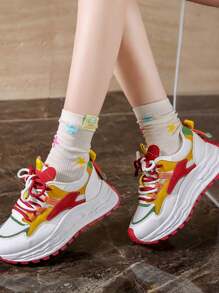 1 双女士 2025 年春季新款厚底运动鞋，韩国学生厚底休闲运动鞋 - 紅色 - 查看 12