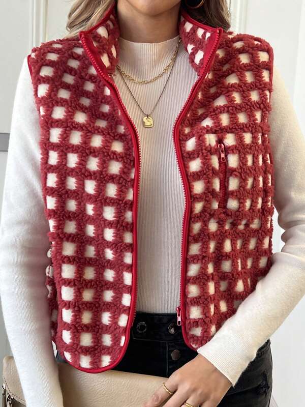 Womens Fuzzy Checkered Vest Sleeveless Stand Collar Zip Up Vest Jacket Winter Warm Outwear