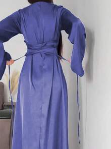 Women's Solid Color Round Neck Satin Long Sleeve Dress - Purple - View 2