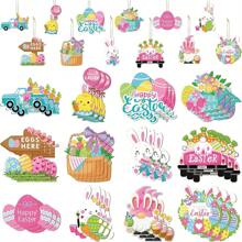 12 pièces Ornements en bois de Pâques, décorations de printemps, suspensions en bois, œufs de Pâques, figurines de lapins nains en bois, convient pour les fêtes en famille - Multicolore - Voir 5