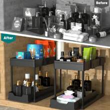 Under Sink Double Tier Storage Rack, Slide-Out Drawer Cabinet For Kitchen, Bathroom, Closet, Cupboard Material: Plastic