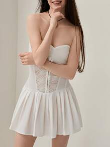 Women's Tube Top Dress Sleeveless Off Shoulder Front Ruched Lace Embroidery Backless Pleated Mini Dress For Party Club