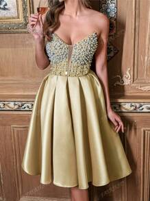 Faeriesty Strapless Beaded Dress With Fitted Bodice & Flared Knee-Length, Spring/Summer Weddings, Galas, Prom, Upscale Dinners, Party Dress, Wedding Guest Cocktail Dress