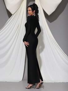 Modphy New Handmade Rhinestone Decorated Round Neck Long Sleeve Bandage Bodycon Dress, Elegant Formal Gown For Party, Banquet, Events, Wedding Guest Dress, Evening Dress - Black - View 6