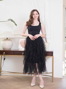 1pc Women Asymmetrical Layered Ruffle Cake Skirt, Tulle Net Puff A-Line Skirt - Black - View 4
