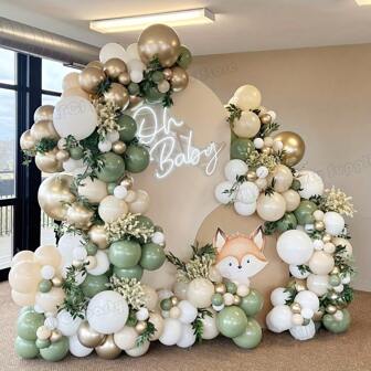 128pcs, Retro White Sand, Avocado Green, Golden Chrome Balloon Garland Arch Kit, Balloon Chain Set, For Birthday Wedding Shower Party Decorations, Jungle Theme Party Decoration Supplies, Event Party Decor