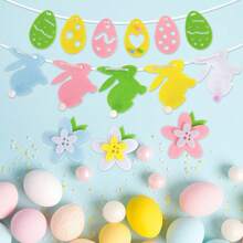 1 pieza Banderín con forma de huevo de Pascua, conejo y flor de fieltro, decoración de fondo no tejida para fiesta de Pascua, calcomanía de ventana con pollito y lirio