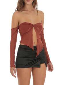 Women's Summer Sheer Tube Tops Solid Color Off Shoulder Front Knot Mesh T-Shirts