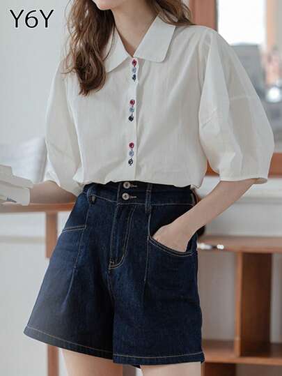  [Y6Y] 舒适无弹力常规肩短袖衬衫 | 温柔甜美风格，适合搭配深色牛仔短裤 白色夏季