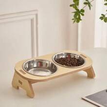 Cat Double Bowl Becoming Cat And Child Bowl Anti Overturning Cat Food Bowl Stainless Steel Pet Bowl Wooden Stand Small And Mediu