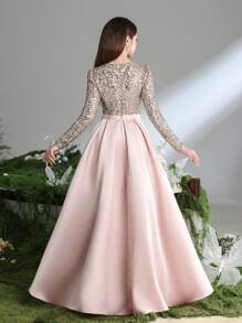 Vestido formal con cuello en forma de corazón, manga larga y diseño evasé con adornos de lentejuelas para niñas adolescentes, ideal para fiestas de cumpleaños, bodas, graduaciones y ceremonias de mayoría de edad - Rosa vieja - Ver 3