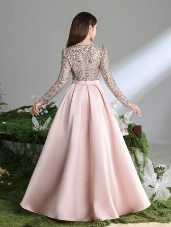 少女心形领口长袖亮片装饰 A 字形礼服，适合生日派对、婚礼宾客、毕业舞会、成人礼