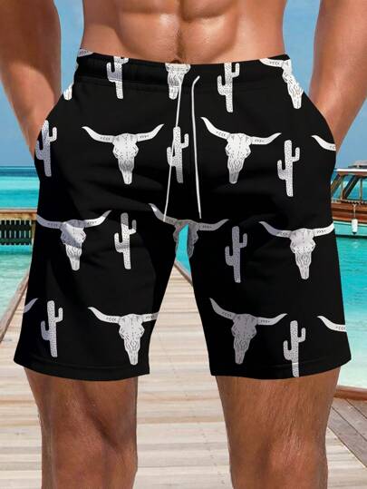 男士 3D 牛头仙人掌印花短裤，适合夏季海滩游泳，夏威夷风情