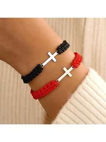 2pcs/1pc Braided Cross Bracelet Set, Suitable For Women & Men, Black & Red Stretch Friendship Bracelets, Adjustable For Women & Men, Ideal Gift For Women Daily Wear