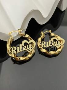 1 Pair Of DIY Custom Double-Layer Welded Name Letter Earrings, Men's And Women's Large Heart-Shaped Earring Pendants, Thick Earrings, Customizable Name Simple Daily Style, Keychain, Products Include Gift Boxes, Valentine's Day Gifts, Birthday Gifts, Mother's Day Gifts, Daily Gifts - Gold - View 13