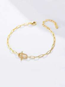 1pc S925 Sterling Silver Geometric Circular Chain & Zirconia Bracelet, Minimalist Design Chic Jewelry For Women - Yellow Gold - View 2