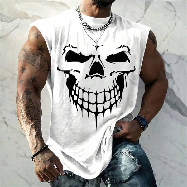 Nueva Camiseta de Tirantes con Estampado de Calavera para Hombres, Minimalista, Estilo Callejero y Casual