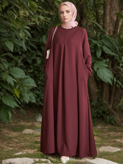 Bata árabe de mujer de manga larga, cuello redondo, unicolor, holgada y casual, elegante y decorosa