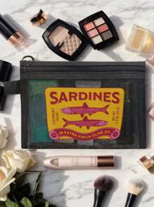 Mesh Large-Capacity Portable Cosmetic Bag With Cartoon Pattern, College Style Charger Storage Bag, Air Cushion Storage Portable Storage Bag, Cosmetic Bag, Cosmetic Storage Bag, Skin Care Product Bag, Travel Essentials, Dormitory Supplies