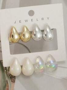 4/6/8pcs Fashionable Teardrop Design Gold Metal Texture Earrings Set, Lightweight CCB Material Jewelry Accessories For Women - Teardrop - View 8