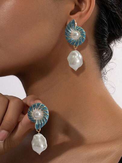 1 par de pendientes con colgante de concha esmaltada de estilo barroco, con tema clásico de playa y océano, versátil para uso diario, vacaciones, fiestas y viajes a la playa