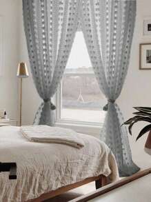 1pc Vertical Pompom Tassel Sheer Curtain, Semi-Blackout Linen Texture, Suitable For Bedroom, Living Room, Balcony, Casement Window - Grey - View 3